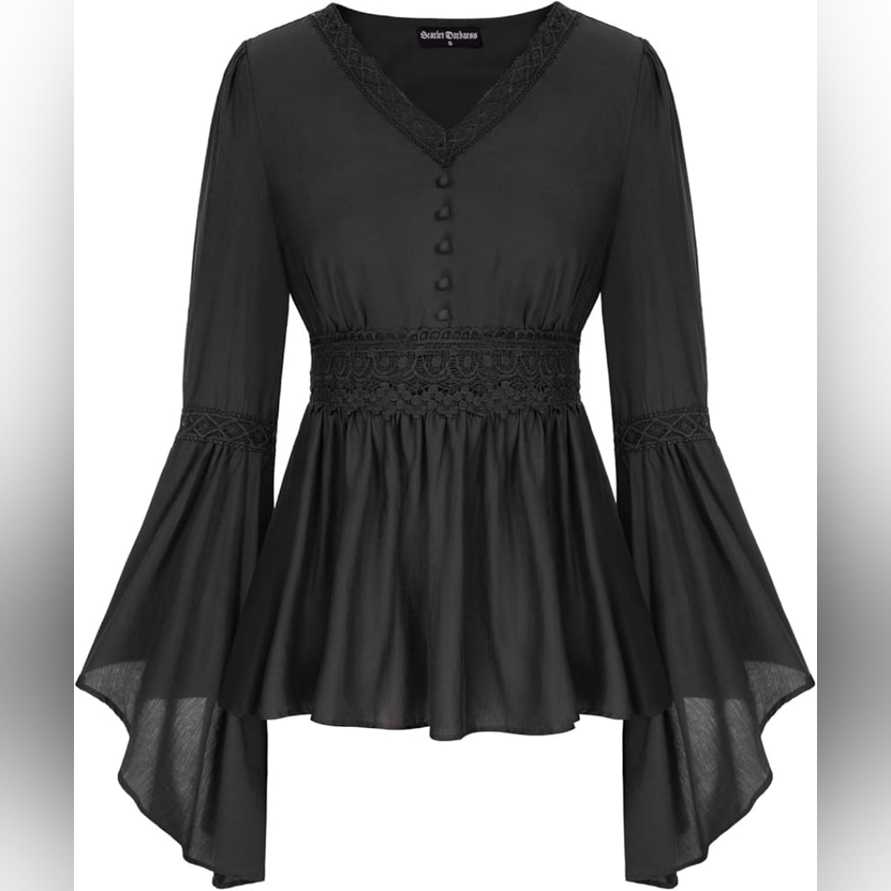 Scarlet Darkness Women's Reneissance Top With Cinched Waist And Bell Sleeves - S
